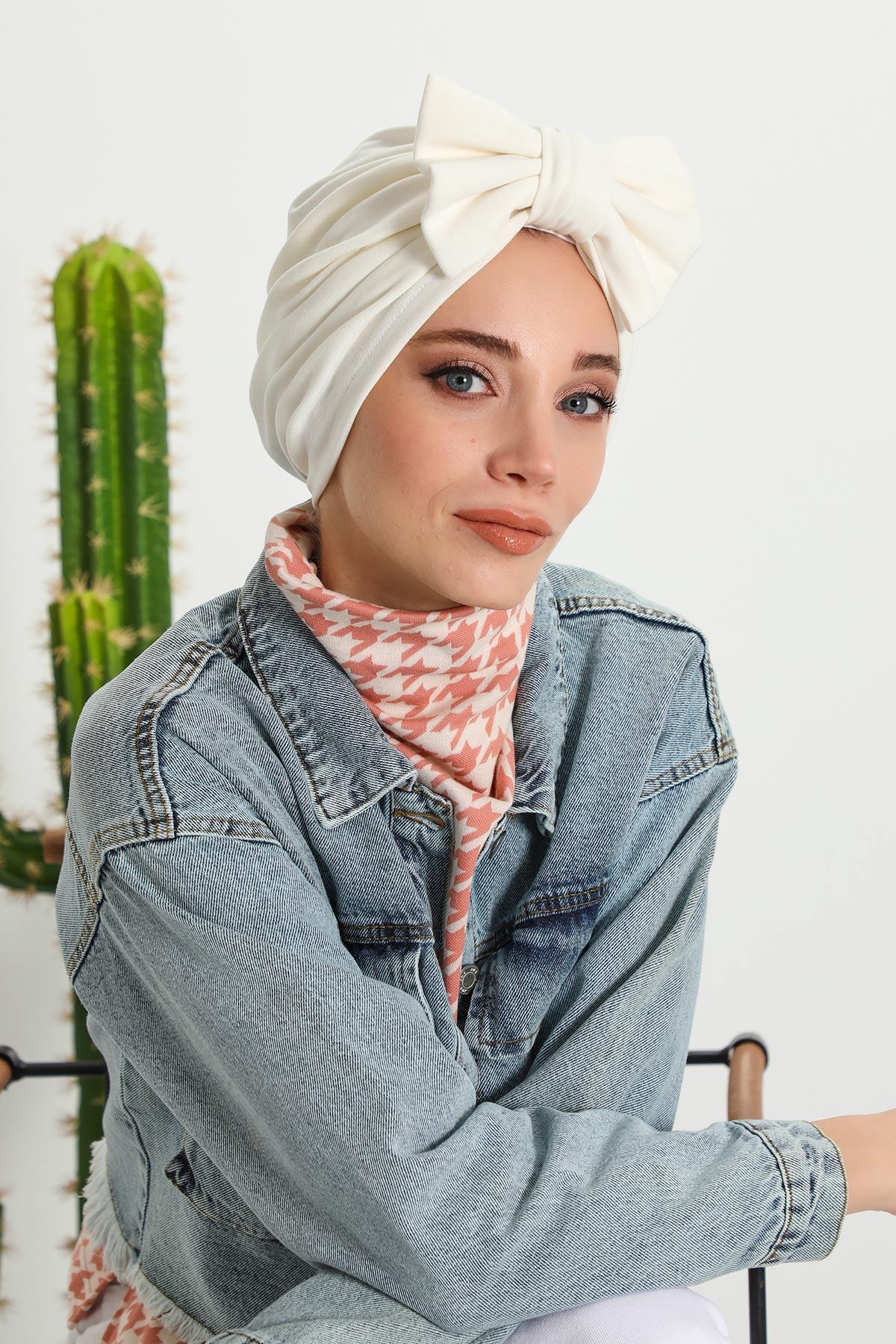 Comfortable Winter Turban Bonnet with Detachable Bowtie, One-Size Removable Bow Turban for Cold Weather, Cozy Ribbed Instant Turban,B-27RB Gray Melange
