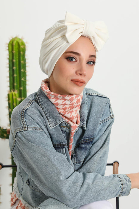 Comfortable Winter Turban Bonnet with Detachable Bowtie, One-Size Removable Bow Turban for Cold Weather, Cozy Ribbed Instant Turban,B-27RB