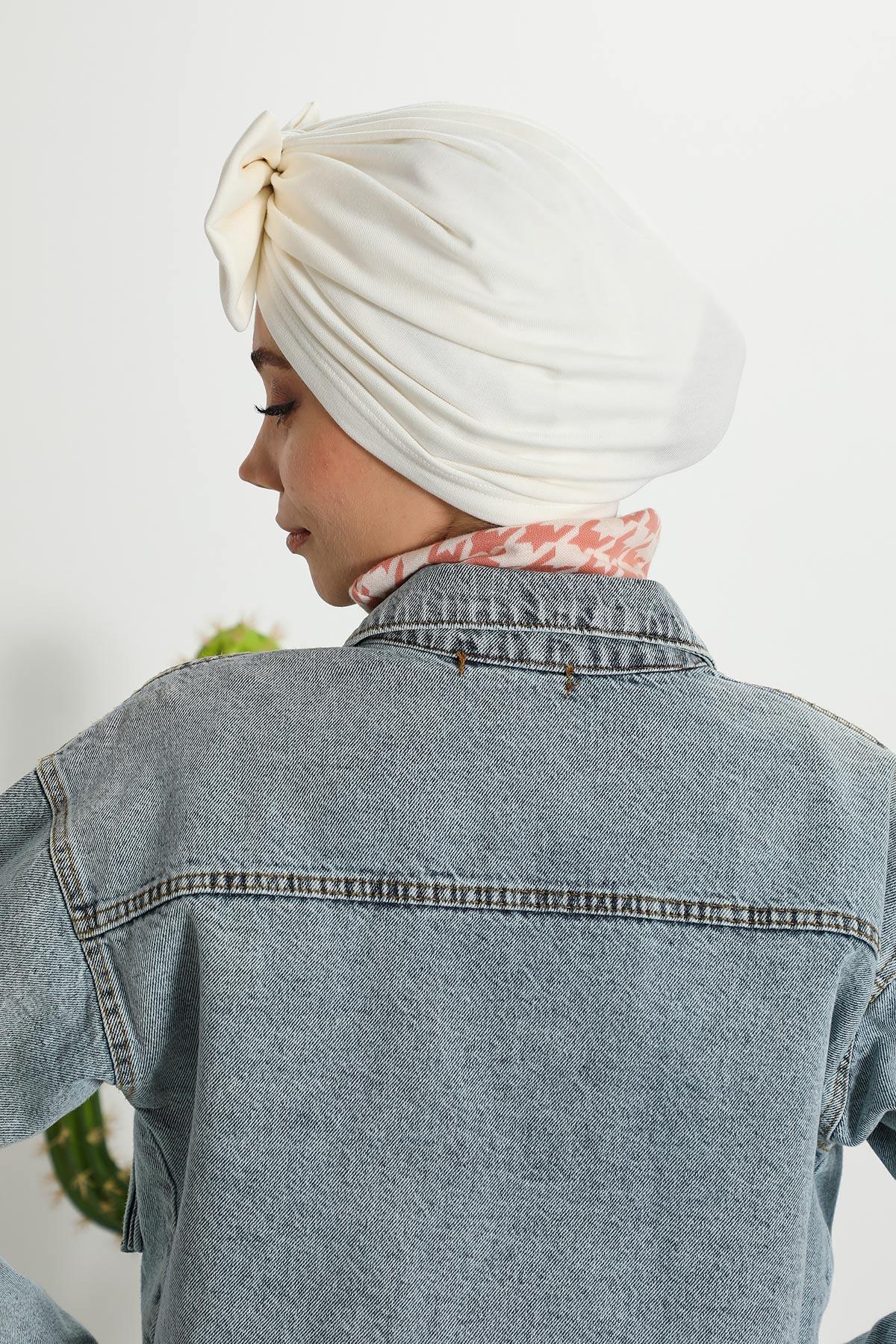 Comfortable Winter Turban Bonnet with Detachable Bowtie, One-Size Removable Bow Turban for Cold Weather, Cozy Ribbed Instant Turban,B-27RB Gray Melange