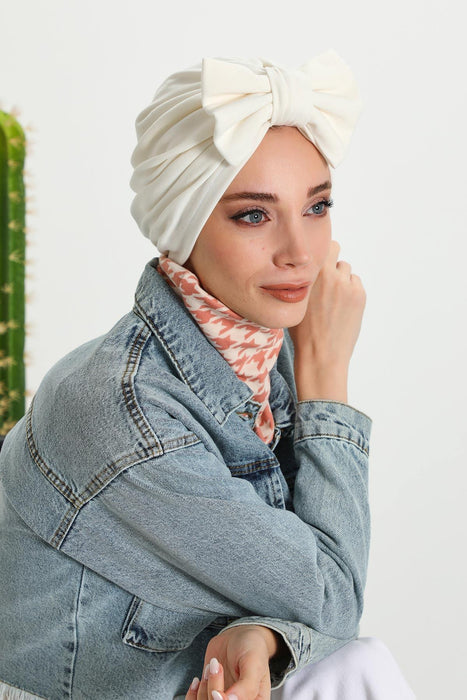 Comfortable Winter Turban Bonnet with Detachable Bowtie, One-Size Removable Bow Turban for Cold Weather, Cozy Ribbed Instant Turban,B-27RB
