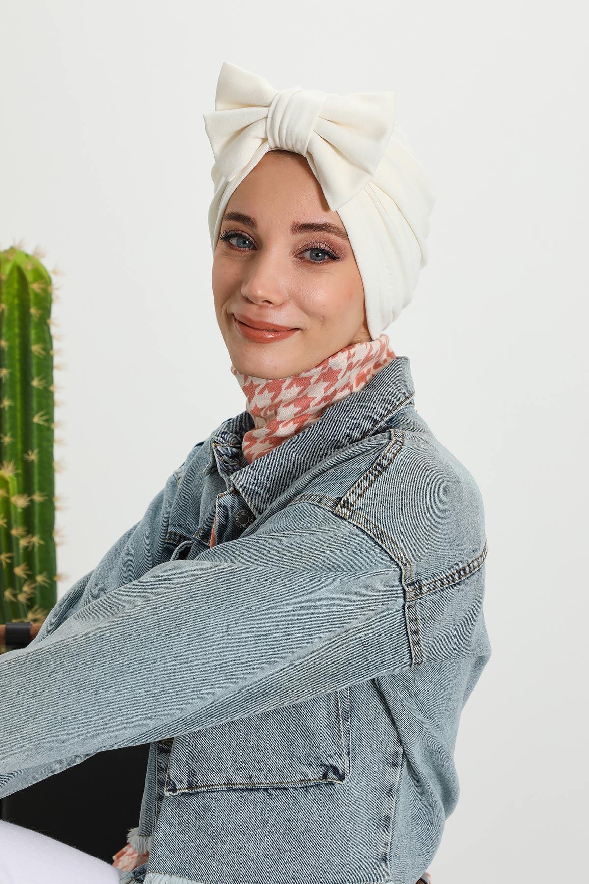 Comfortable Winter Turban Bonnet with Detachable Bowtie, One-Size Removable Bow Turban for Cold Weather, Cozy Ribbed Instant Turban,B-27RB Gray Melange