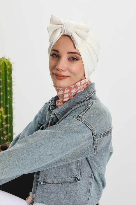 Comfortable Winter Turban Bonnet with Detachable Bowtie, One-Size Removable Bow Turban for Cold Weather, Cozy Ribbed Instant Turban,B-27RB