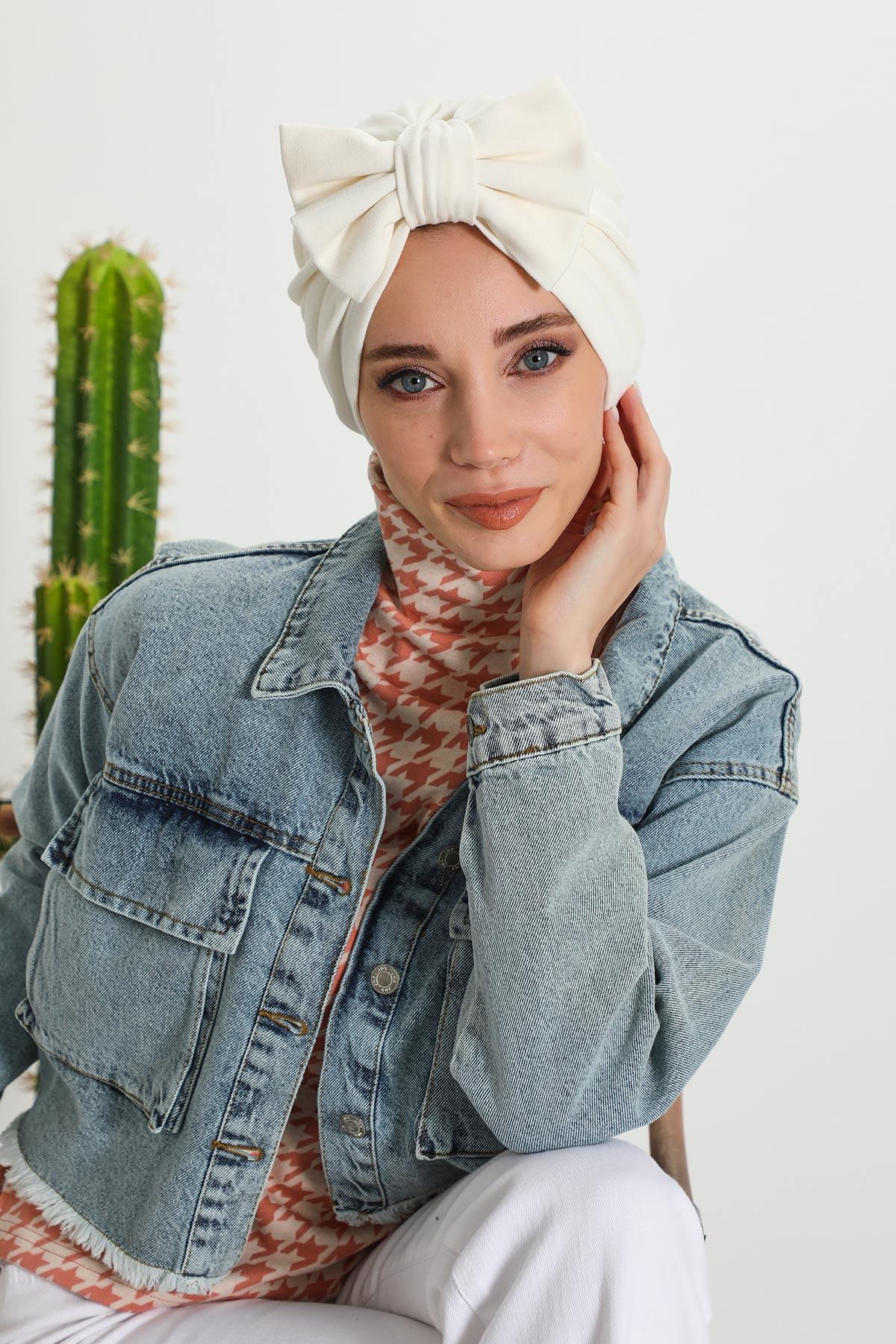 Comfortable Winter Turban Bonnet with Detachable Bowtie, One-Size Removable Bow Turban for Cold Weather, Cozy Ribbed Instant Turban,B-27RB Gray Melange