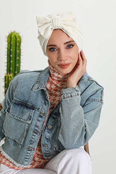 Comfortable Winter Turban Bonnet with Detachable Bowtie, One-Size Removable Bow Turban for Cold Weather, Cozy Ribbed Instant Turban,B-27RB