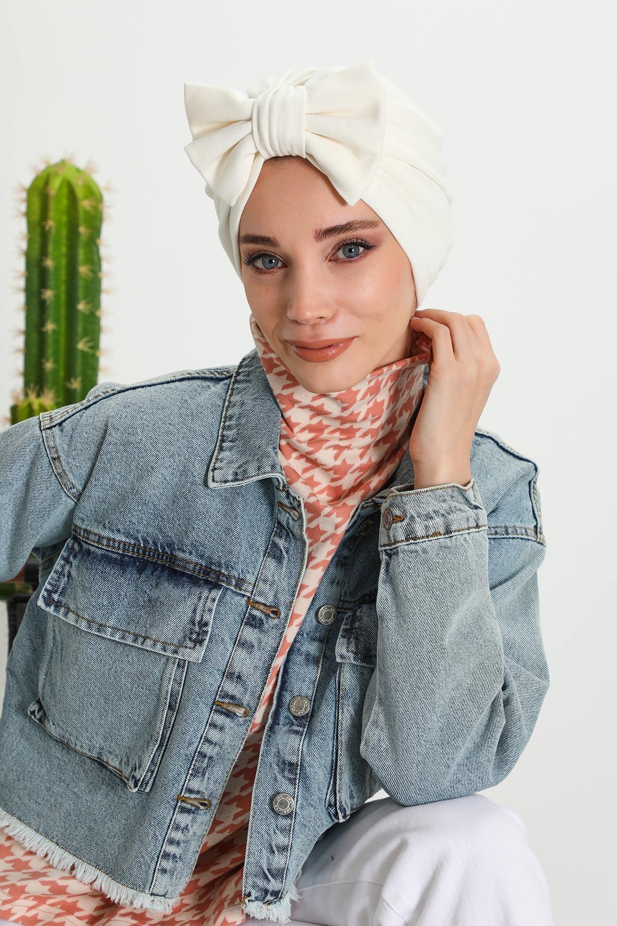 Comfortable Winter Turban Bonnet with Detachable Bowtie, One-Size Removable Bow Turban for Cold Weather, Cozy Ribbed Instant Turban,B-27RB Gray Melange