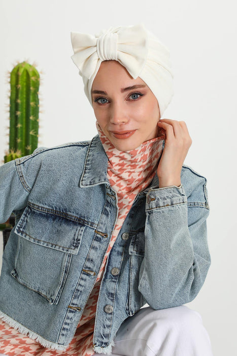 Comfortable Winter Turban Bonnet with Detachable Bowtie, One-Size Removable Bow Turban for Cold Weather, Cozy Ribbed Instant Turban,B-27RB