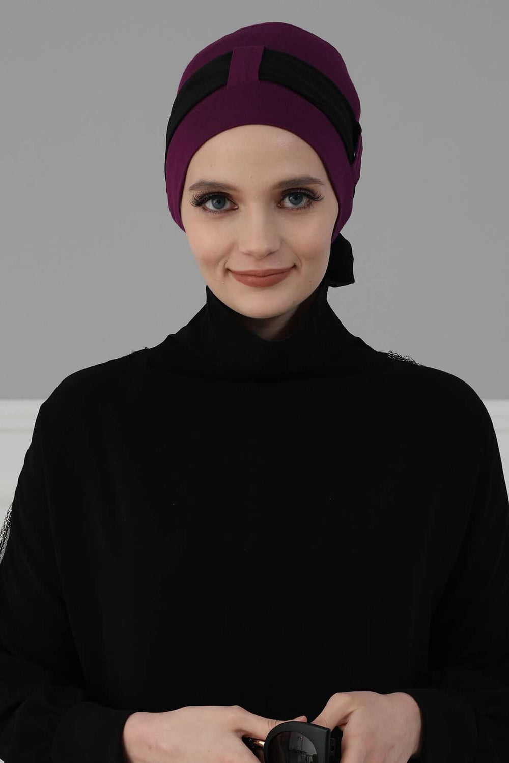 Cotton Instant Turban with Chiffon Band, Lightweight Multicolor Pre-tied Turban Bonnet Cap for Women, Stylish Belted Turban for Hijab,B-36 Purple - Black