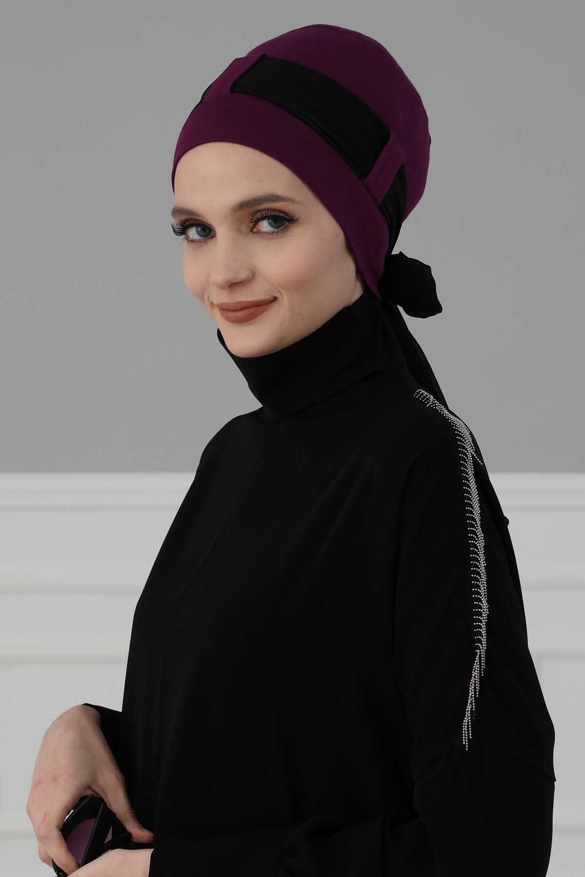 Cotton Instant Turban with Chiffon Band, Lightweight Multicolor Pre-tied Turban Bonnet Cap for Women, Stylish Belted Turban for Hijab,B-36 Purple - Black