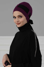 Cotton Instant Turban with Chiffon Band, Lightweight Multicolor Pre-tied Turban Bonnet Cap for Women, Stylish Belted Turban for Hijab,B-36 Purple - Black