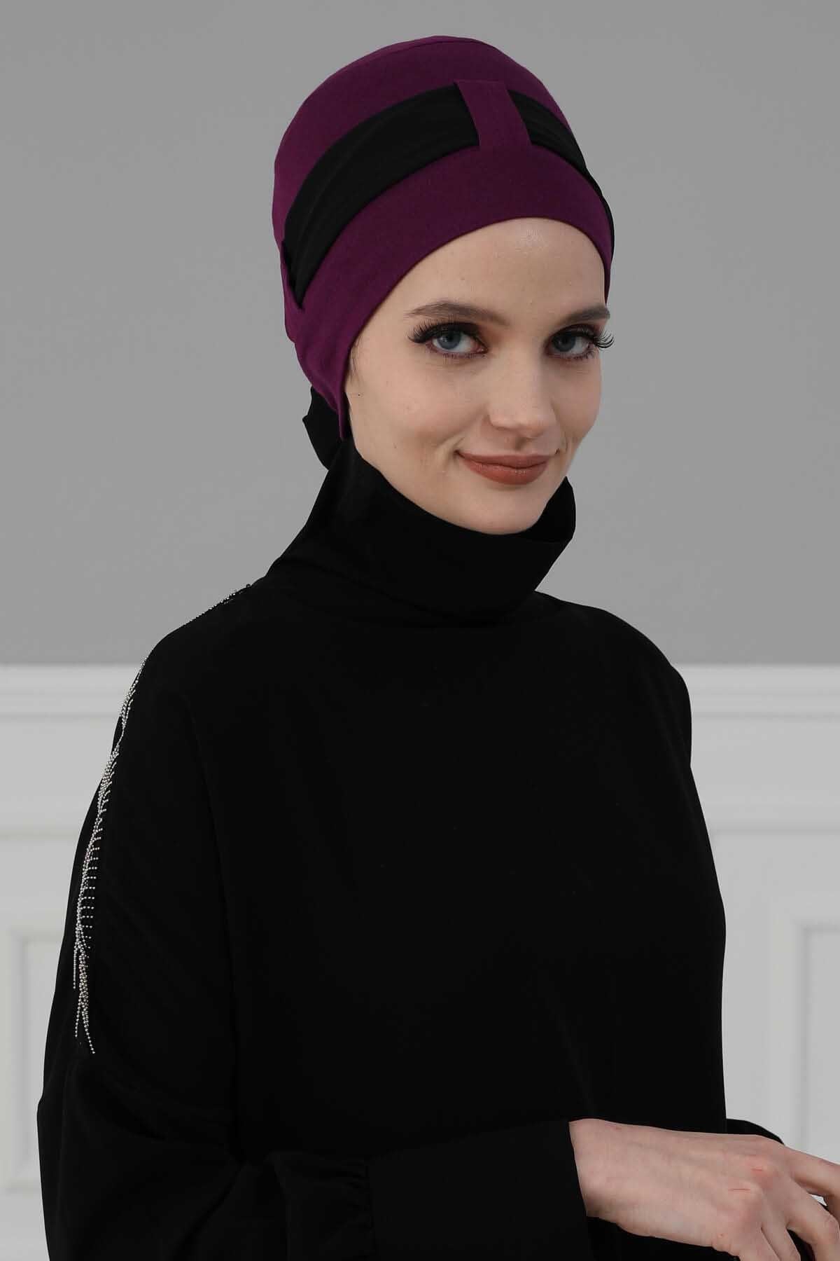 Cotton Instant Turban with Chiffon Band, Lightweight Multicolor Pre-tied Turban Bonnet Cap for Women, Stylish Belted Turban for Hijab,B-36 Purple - Black