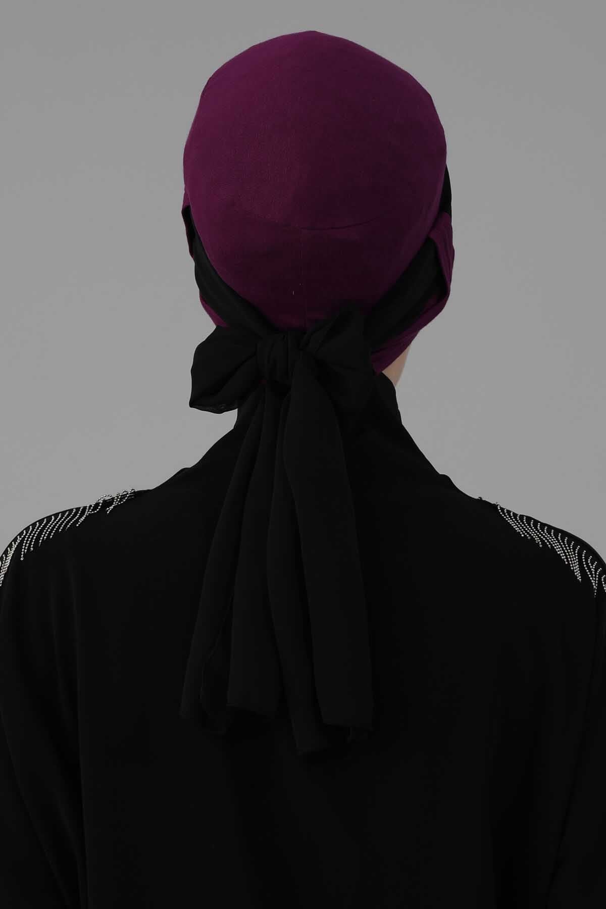 Cotton Instant Turban with Chiffon Band, Lightweight Multicolor Pre-tied Turban Bonnet Cap for Women, Stylish Belted Turban for Hijab,B-36 Purple - Black