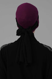 Cotton Instant Turban with Chiffon Band, Lightweight Multicolor Pre-tied Turban Bonnet Cap for Women, Stylish Belted Turban for Hijab,B-36 Purple - Black