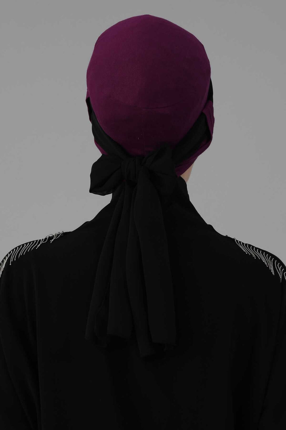 Cotton Instant Turban with Chiffon Band, Lightweight Multicolor Pre-tied Turban Bonnet Cap for Women, Stylish Belted Turban for Hijab,B-36 Purple - Black