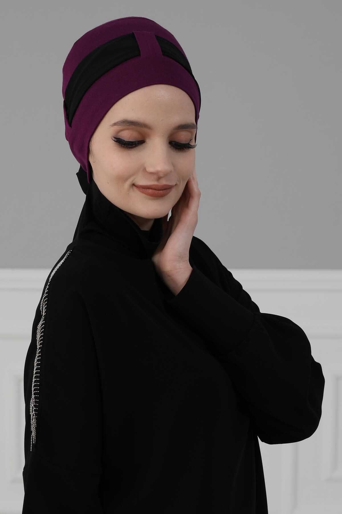 Cotton Instant Turban with Chiffon Band, Lightweight Multicolor Pre-tied Turban Bonnet Cap for Women, Stylish Belted Turban for Hijab,B-36 Purple - Black
