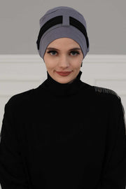 Cotton Instant Turban with Chiffon Band, Lightweight Multicolor Pre-tied Turban Bonnet Cap for Women, Stylish Belted Turban for Hijab,B-36 Grey - Black