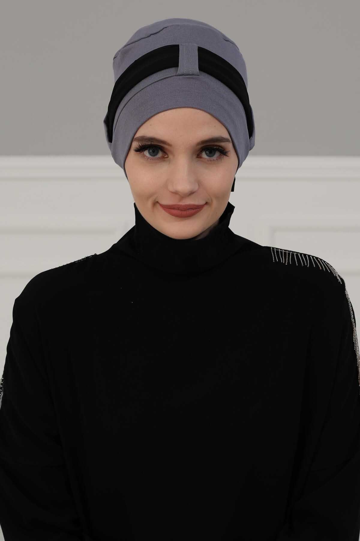 Cotton Instant Turban with Chiffon Band, Lightweight Multicolor Pre-tied Turban Bonnet Cap for Women, Stylish Belted Turban for Hijab,B-36 Grey - Black
