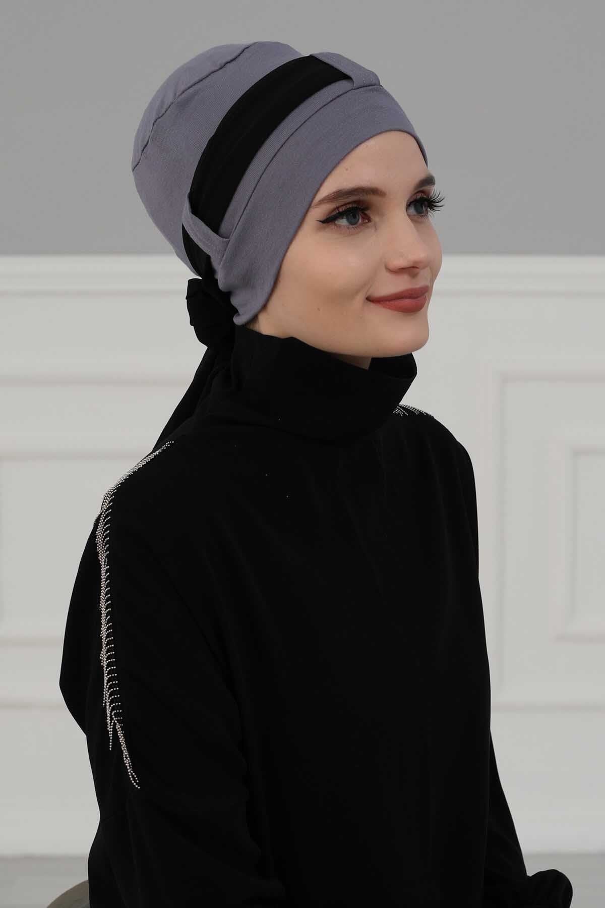 Cotton Instant Turban with Chiffon Band, Lightweight Multicolor Pre-tied Turban Bonnet Cap for Women, Stylish Belted Turban for Hijab,B-36 Grey - Black