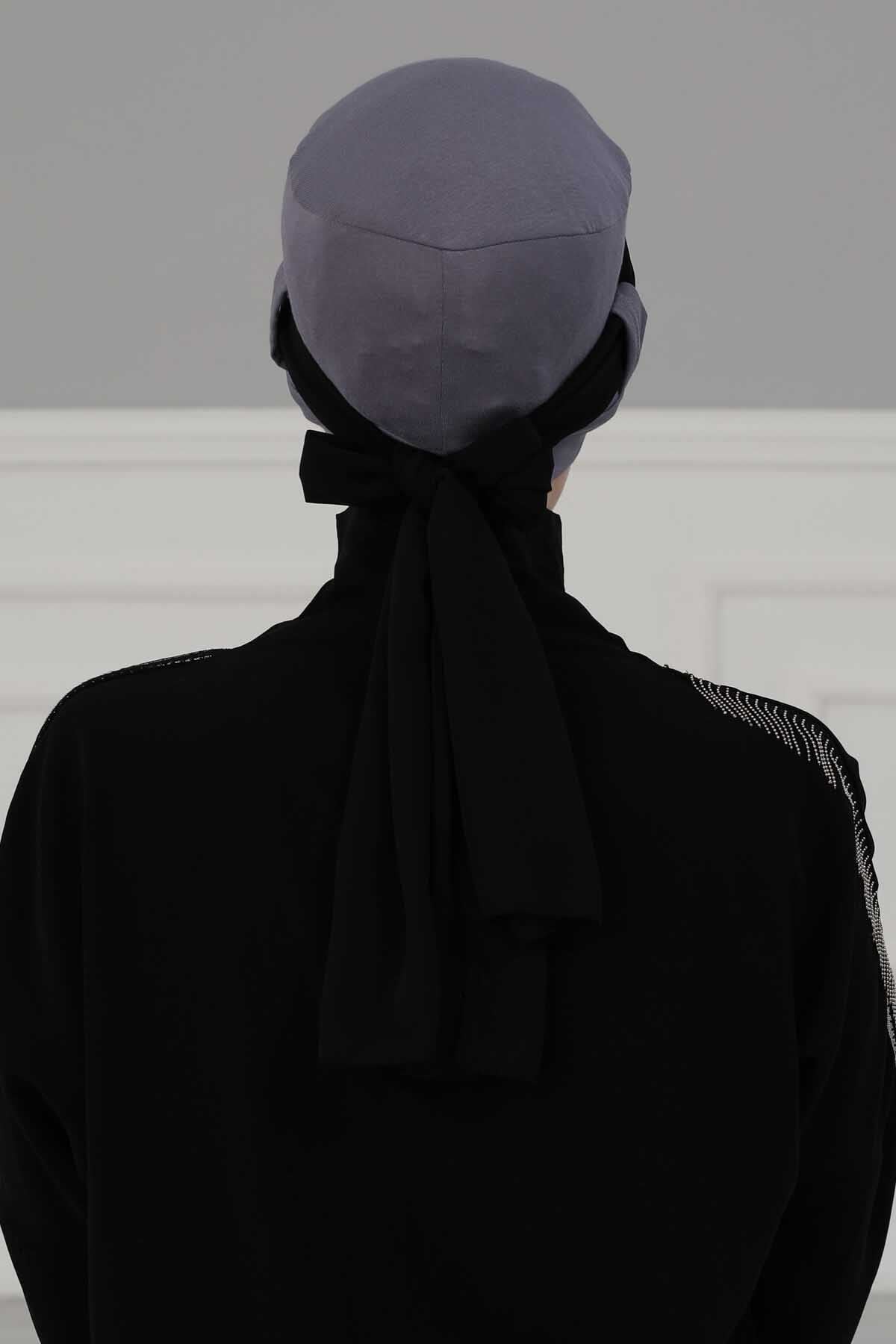 Cotton Instant Turban with Chiffon Band, Lightweight Multicolor Pre-tied Turban Bonnet Cap for Women, Stylish Belted Turban for Hijab,B-36 Grey - Black