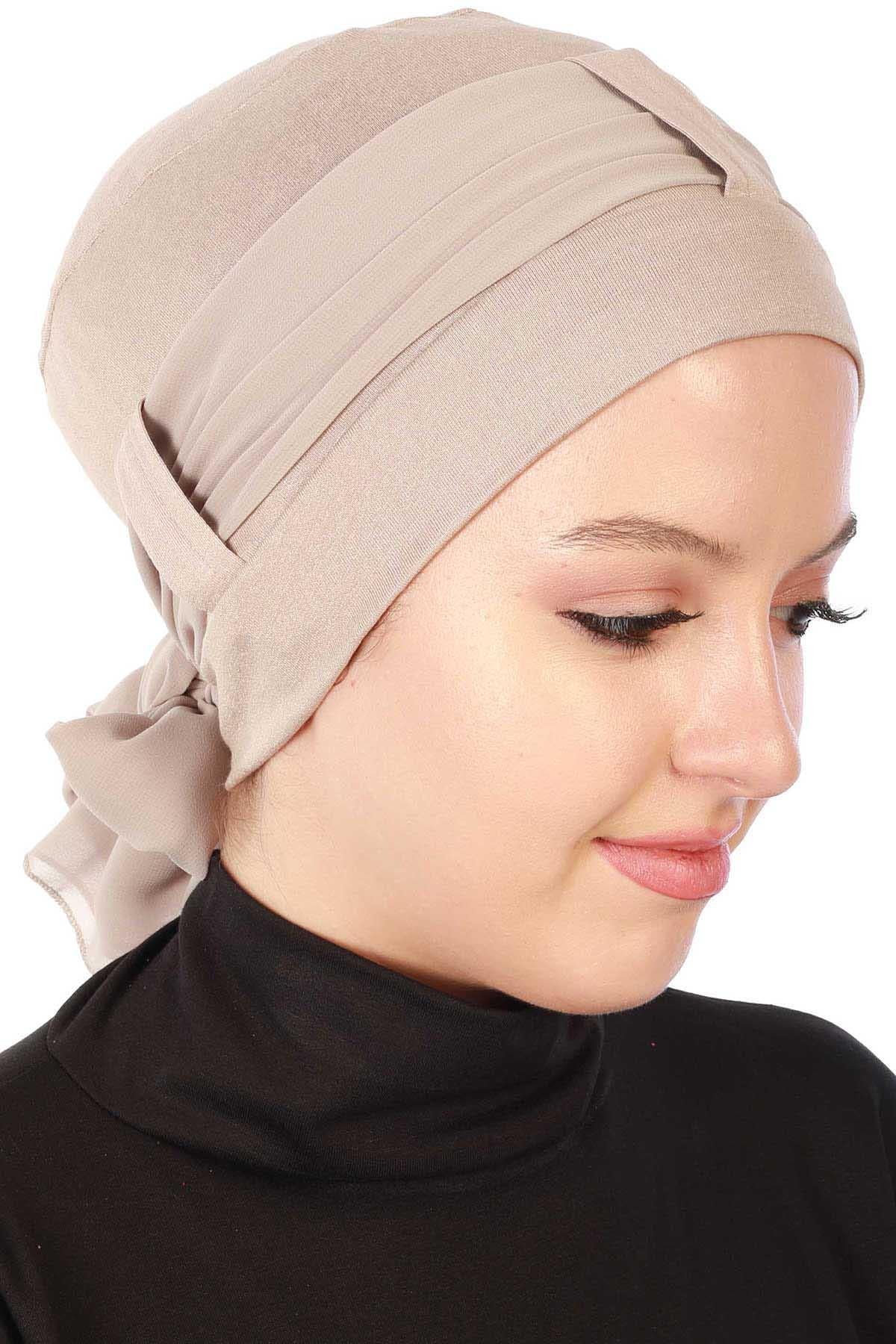 Cotton Instant Turban with Chiffon Band, Lightweight Multicolor Pre-tied Turban Bonnet Cap for Women, Stylish Belted Turban for Hijab,B-36