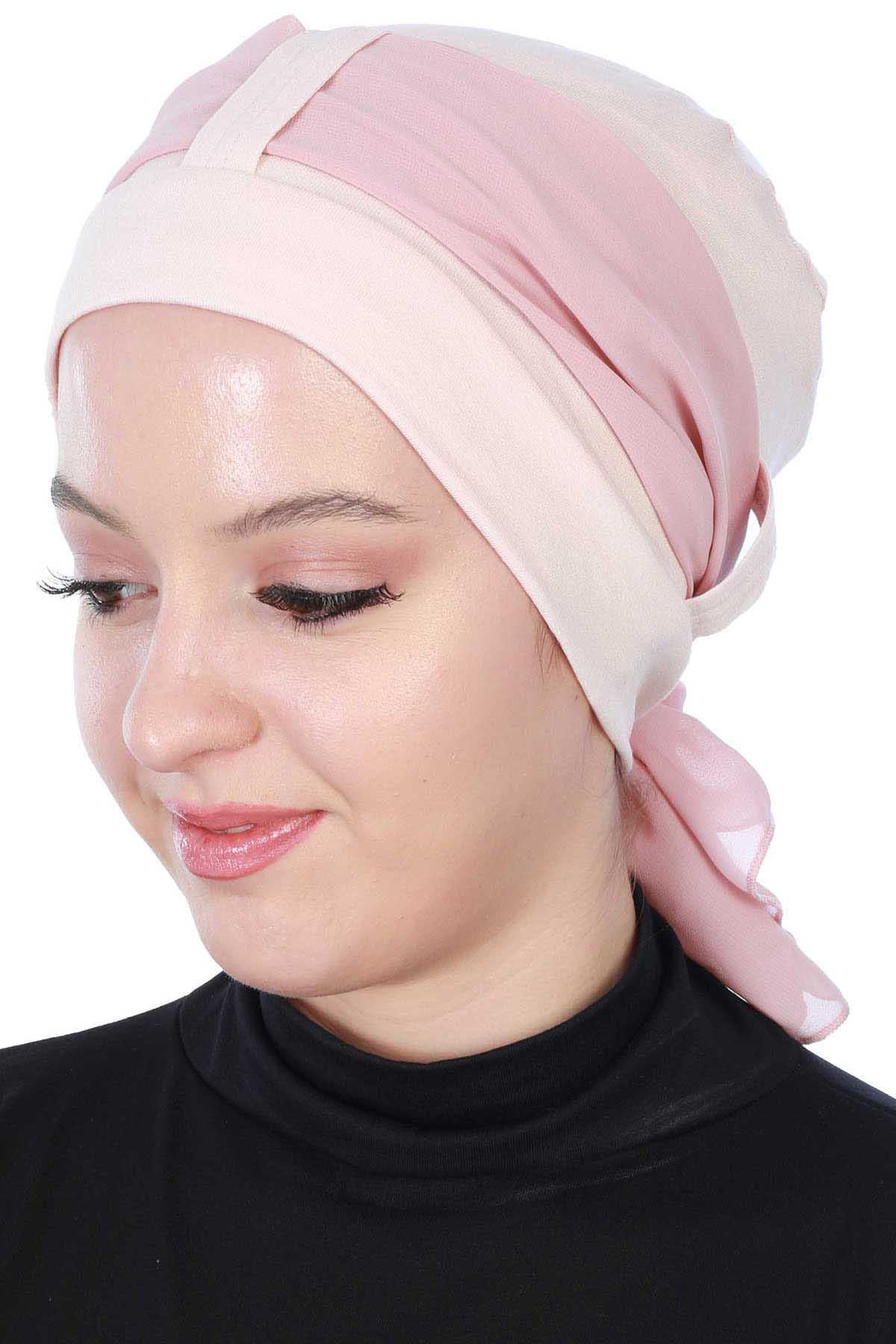 Cotton Instant Turban with Chiffon Band, Lightweight Multicolor Pre-tied Turban Bonnet Cap for Women, Stylish Belted Turban for Hijab,B-36 Powder