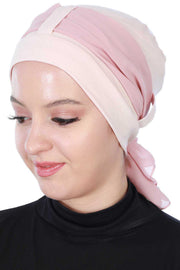 Cotton Instant Turban with Chiffon Band, Lightweight Multicolor Pre-tied Turban Bonnet Cap for Women, Stylish Belted Turban for Hijab,B-36 Powder