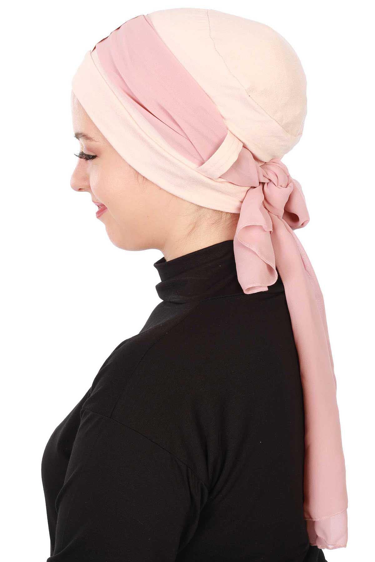 Cotton Instant Turban with Chiffon Band, Lightweight Multicolor Pre-tied Turban Bonnet Cap for Women, Stylish Belted Turban for Hijab,B-36 Powder
