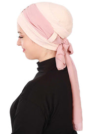 Cotton Instant Turban with Chiffon Band, Lightweight Multicolor Pre-tied Turban Bonnet Cap for Women, Stylish Belted Turban for Hijab,B-36 Powder