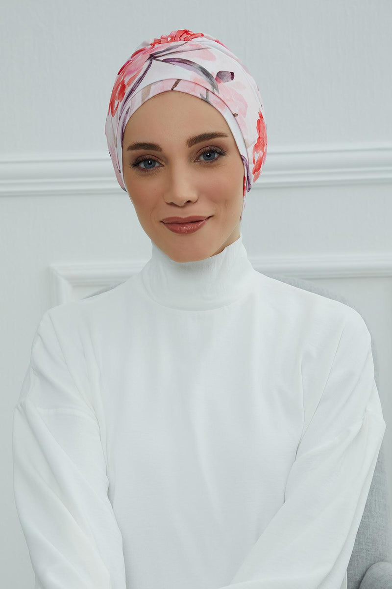 Cotton Printed Instant Turban Scarf For Women with Rose Detail at the Back Side, Stylish Patterned Elegant Turban Bonnet Cap,B-53YD