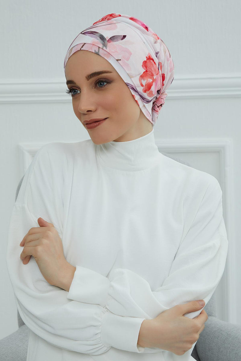 Cotton Printed Instant Turban Scarf For Women with Rose Detail at the Back Side, Stylish Patterned Elegant Turban Bonnet Cap,B-53YD
