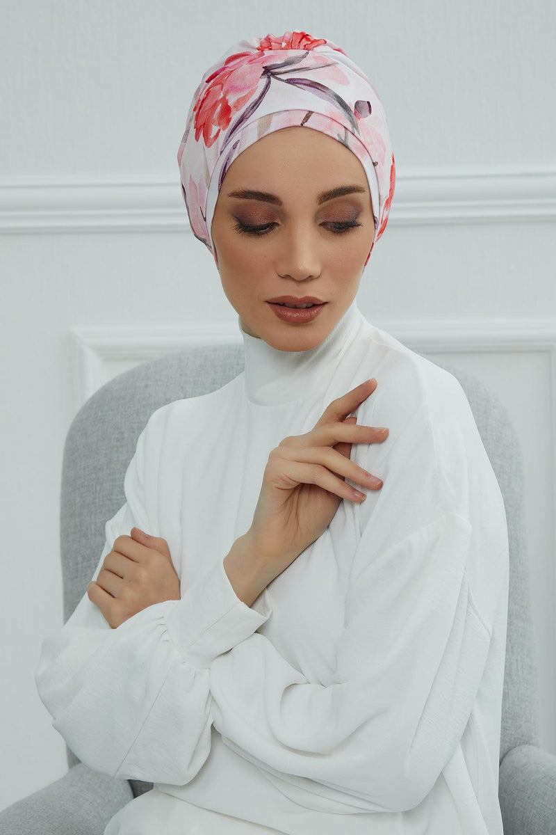 Cotton Printed Instant Turban Scarf For Women with Rose Detail at the Back Side, Stylish Patterned Elegant Turban Bonnet Cap,B-53YD
