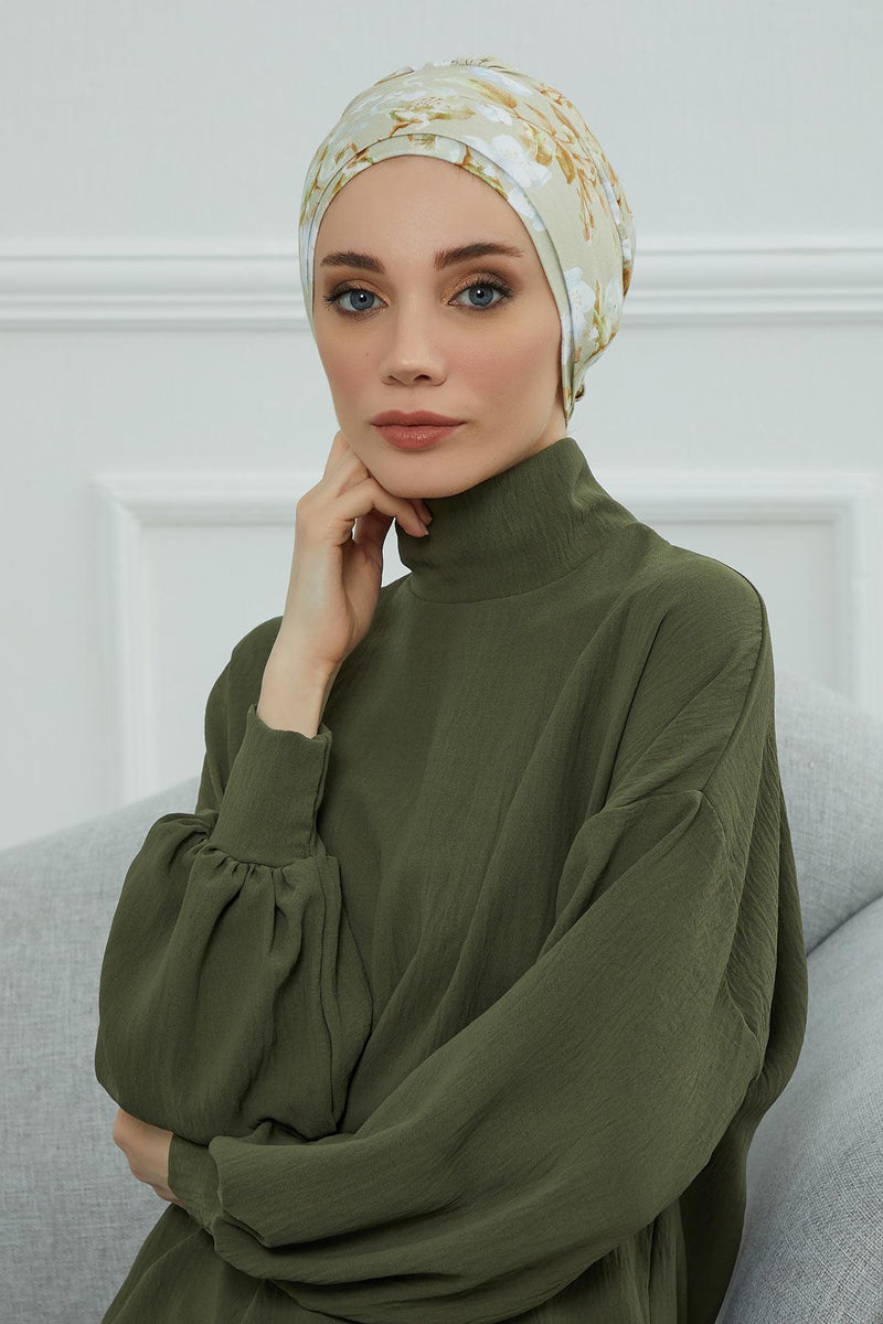 Cotton Printed Instant Turban Scarf For Women with Rose Detail at the Back Side, Stylish Patterned Elegant Turban Bonnet Cap,B-53YD
