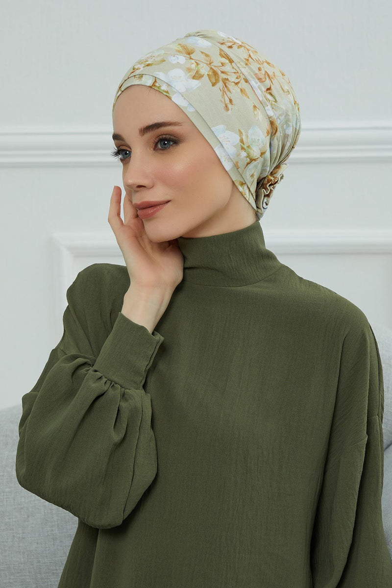 Cotton Printed Instant Turban Scarf For Women with Rose Detail at the Back Side, Stylish Patterned Elegant Turban Bonnet Cap,B-53YD