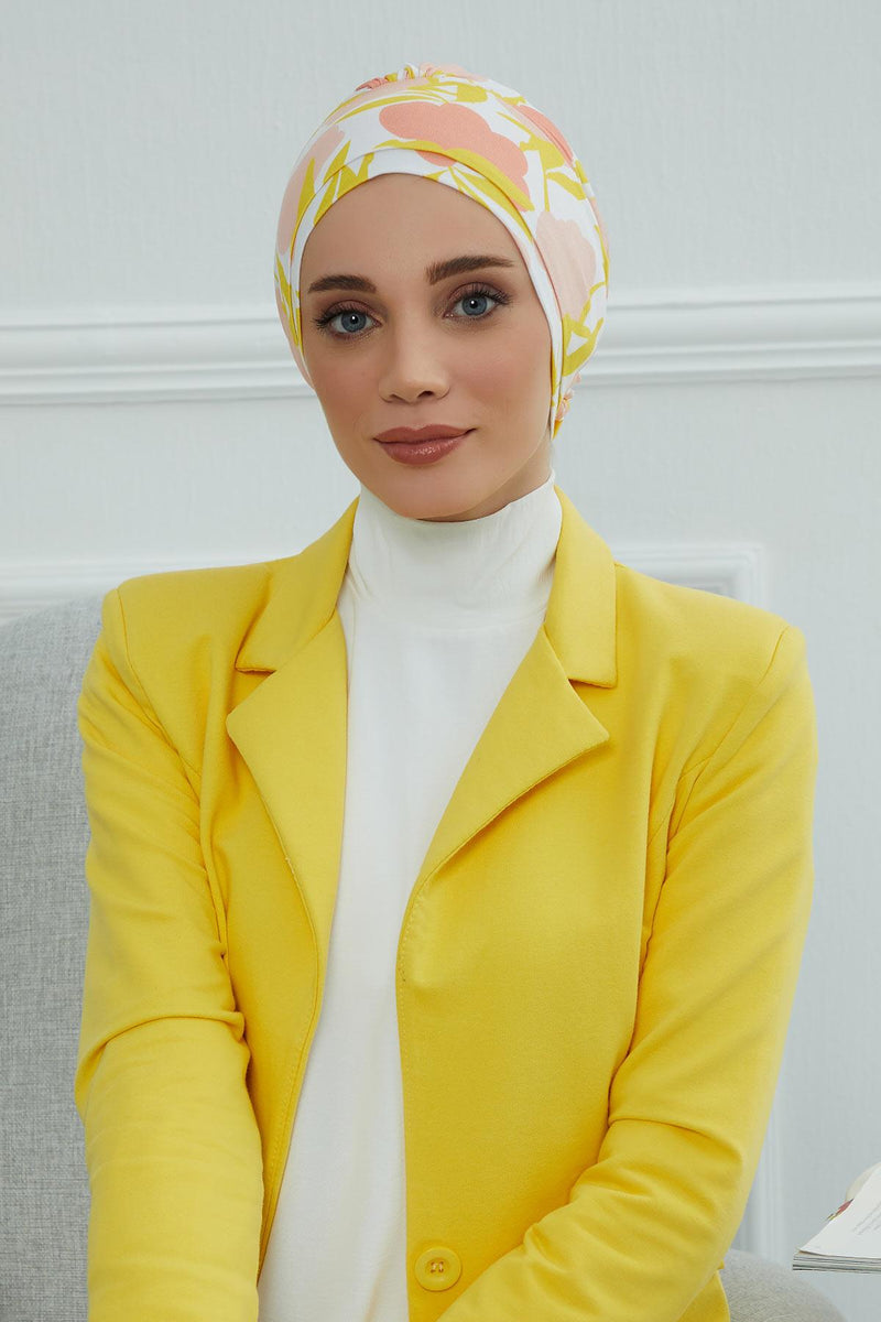 Cotton Printed Instant Turban Scarf For Women with Rose Detail at the Back Side, Stylish Patterned Elegant Turban Bonnet Cap,B-53YD