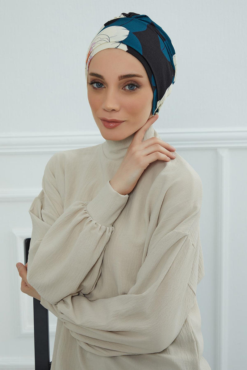 Cotton Printed Instant Turban Scarf For Women with Rose Detail at the Back Side, Stylish Patterned Elegant Turban Bonnet Cap,B-53YD