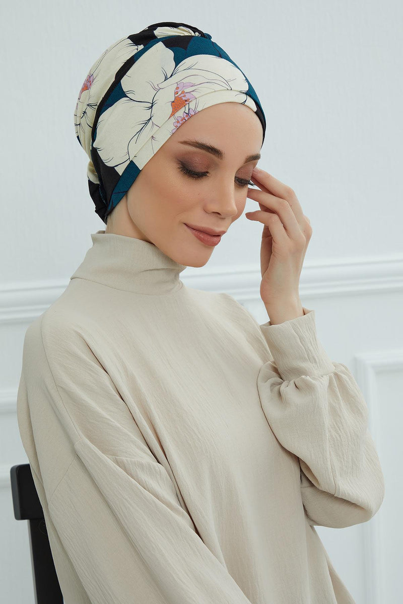 Cotton Printed Instant Turban Scarf For Women with Rose Detail at the Back Side, Stylish Patterned Elegant Turban Bonnet Cap,B-53YD