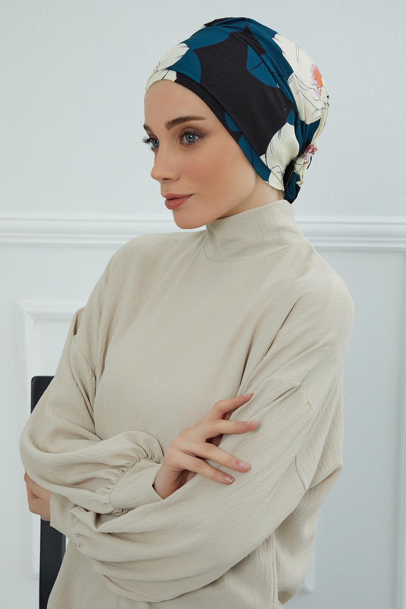 Cotton Printed Instant Turban Scarf For Women with Rose Detail at the Back Side, Stylish Patterned Elegant Turban Bonnet Cap,B-53YD