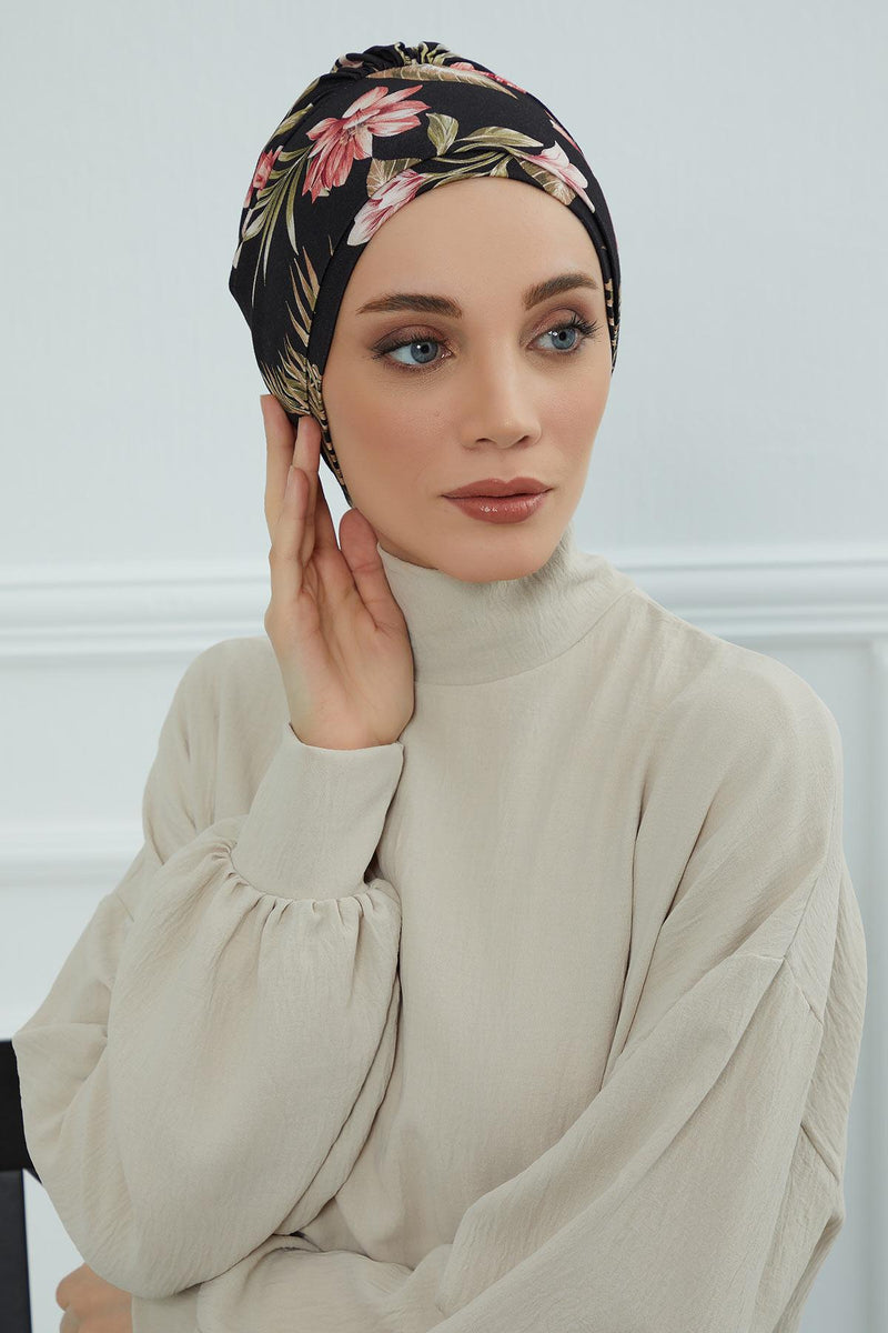 Cotton Printed Instant Turban Scarf For Women with Rose Detail at the Back Side, Stylish Patterned Elegant Turban Bonnet Cap,B-53YD