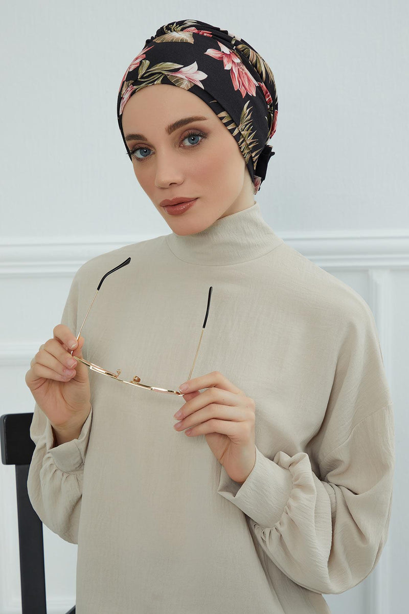 Cotton Printed Instant Turban Scarf For Women with Rose Detail at the Back Side, Stylish Patterned Elegant Turban Bonnet Cap,B-53YD