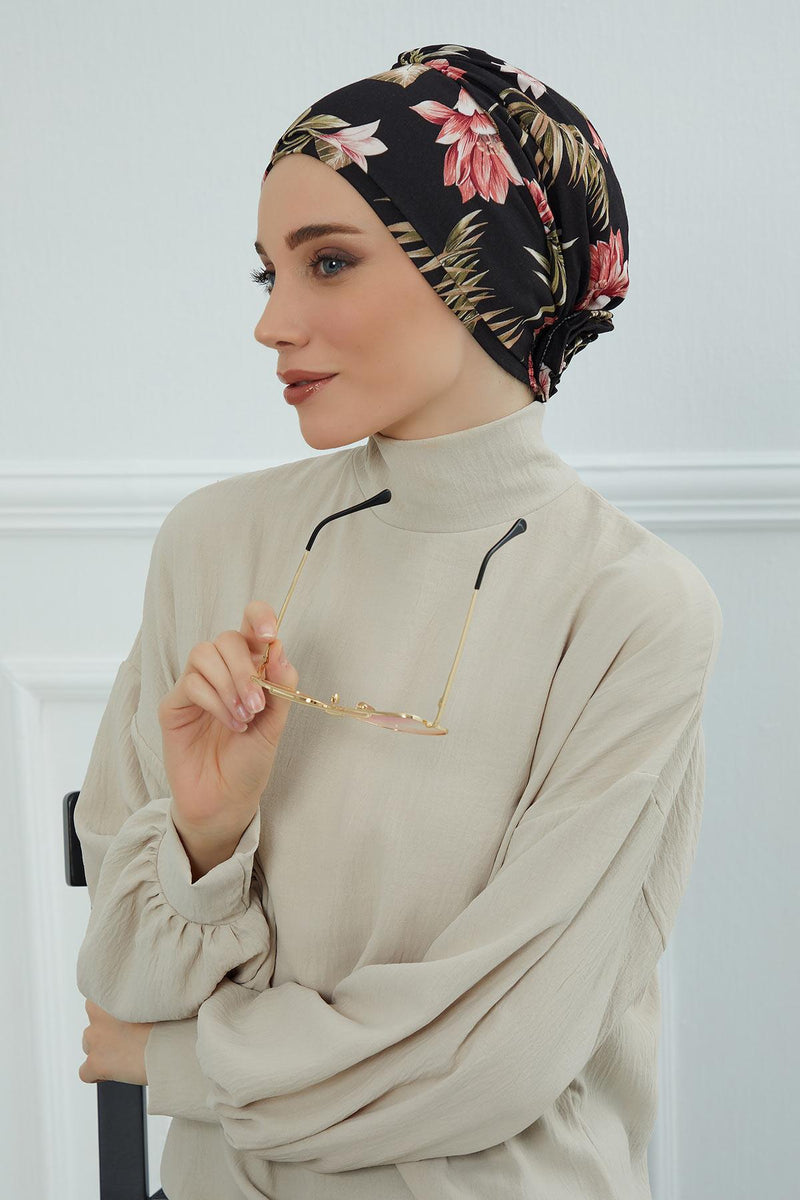Cotton Printed Instant Turban Scarf For Women with Rose Detail at the Back Side, Stylish Patterned Elegant Turban Bonnet Cap,B-53YD