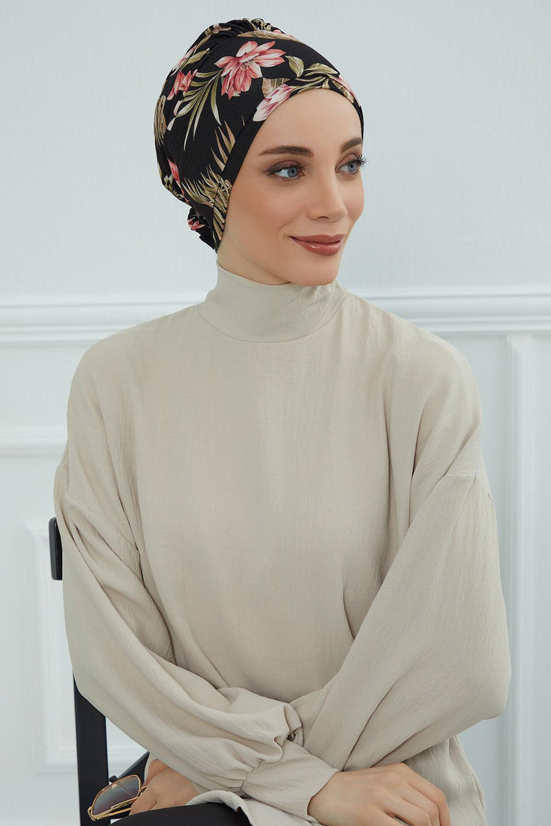 Cotton Printed Instant Turban Scarf For Women with Rose Detail at the Back Side, Stylish Patterned Elegant Turban Bonnet Cap,B-53YD