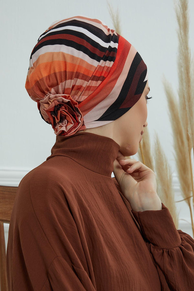 Cotton Printed Instant Turban Scarf For Women with Rose Detail at the Back Side, Stylish Patterned Elegant Turban Bonnet Cap,B-53YD