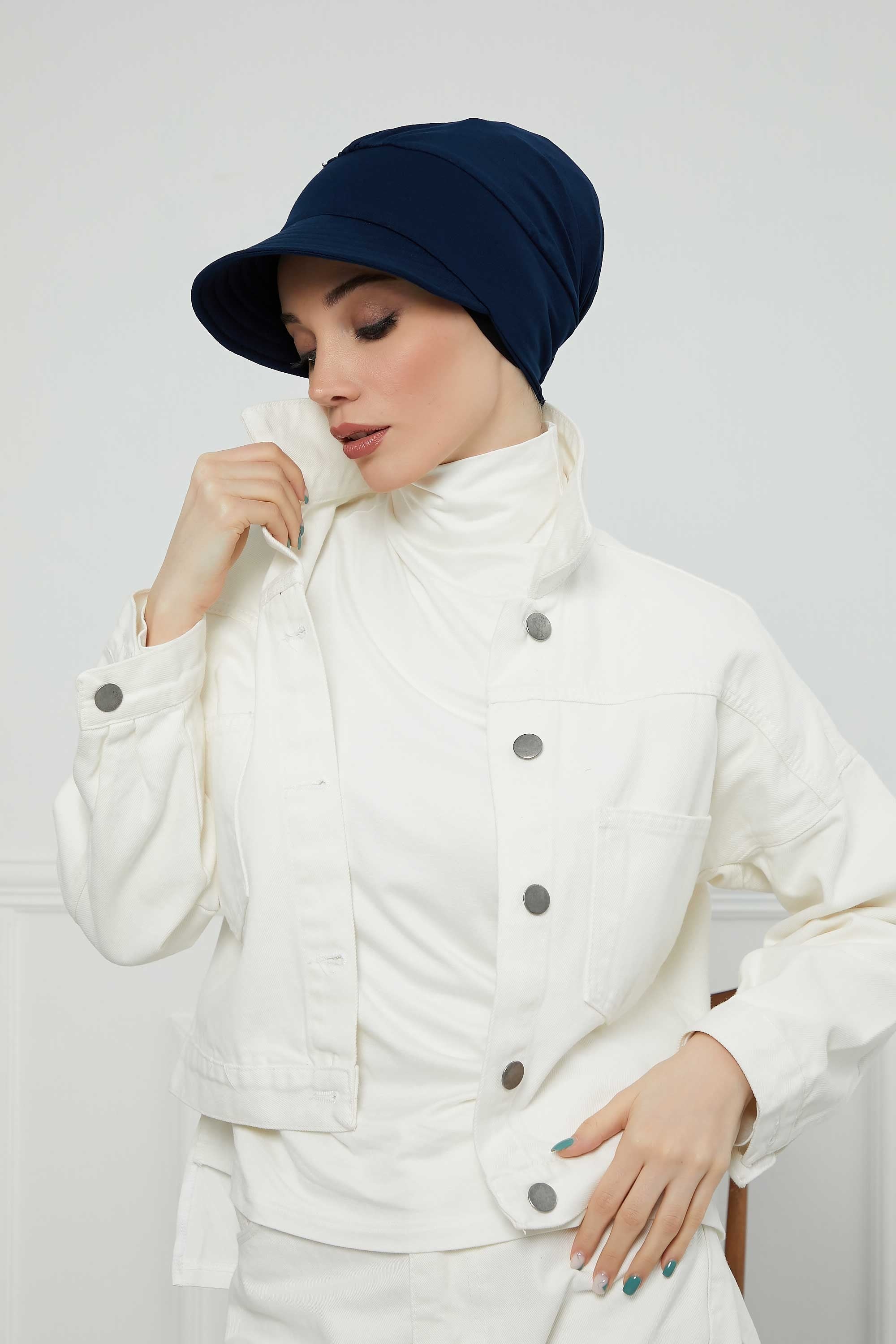 Cotton Visor Women Turban Hat, Sun Protective Newsboy Hat for Women, 95% Cotton Plain Casual Hijab Bonnet Chemo Cap,B-73 Navy Blue