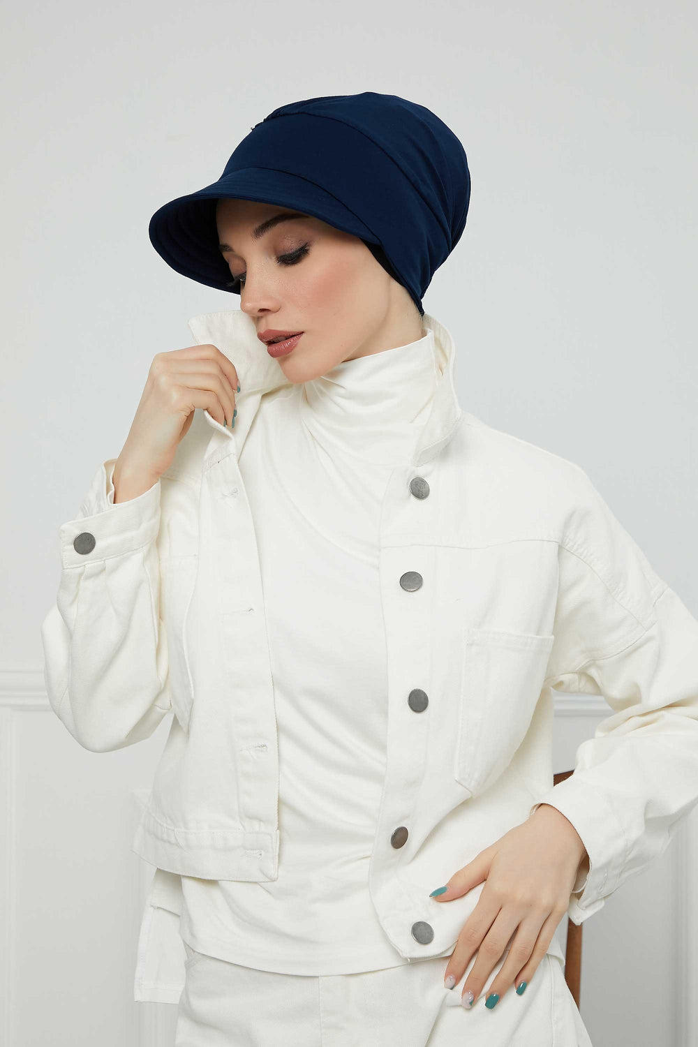 Cotton Visor Women Turban Hat, Sun Protective Newsboy Hat for Women, 95% Cotton Plain Casual Hijab Bonnet Chemo Cap,B-73 Navy Blue