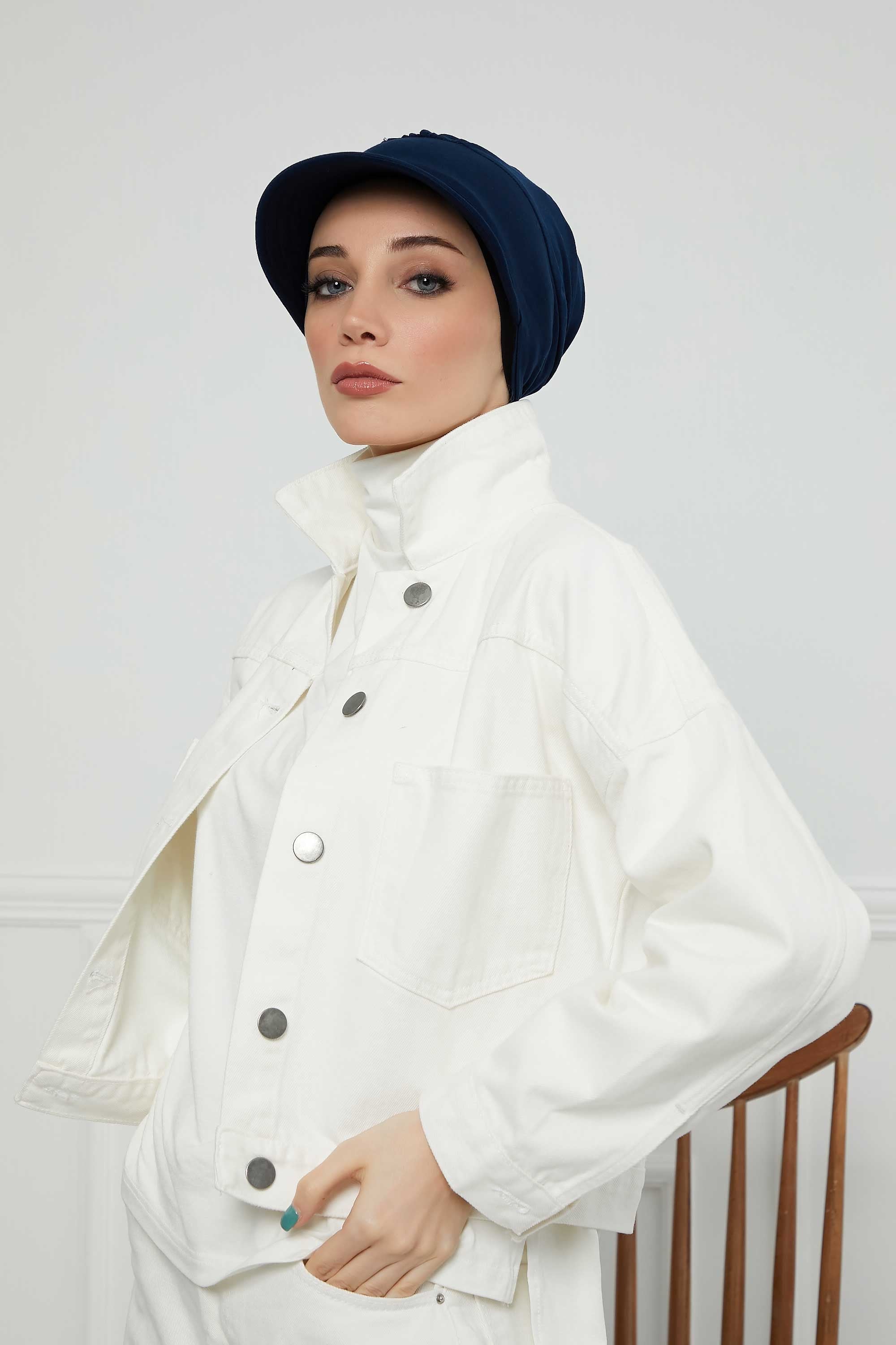 Cotton Visor Women Turban Hat, Sun Protective Newsboy Hat for Women, 95% Cotton Plain Casual Hijab Bonnet Chemo Cap,B-73 Navy Blue