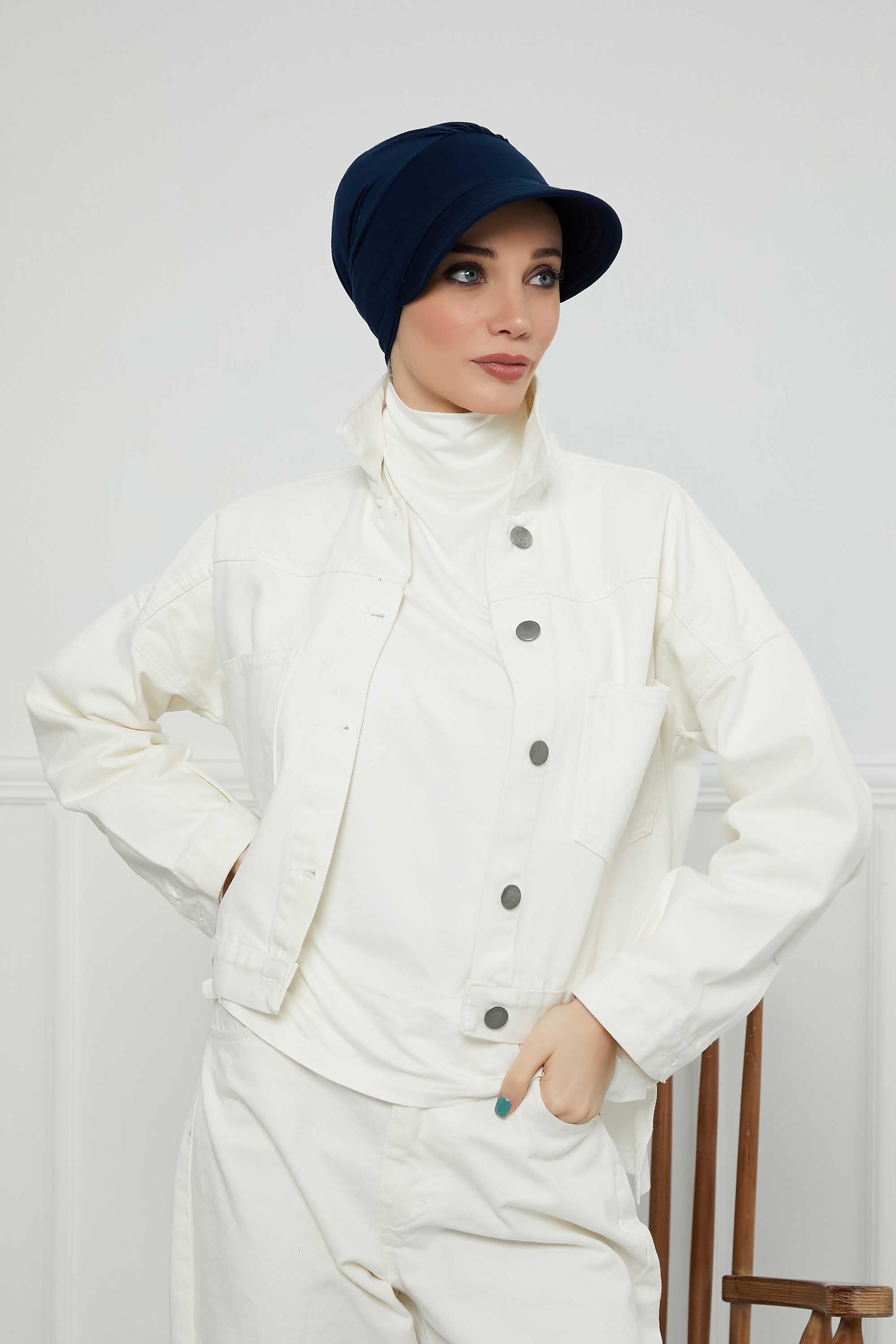 Cotton Visor Women Turban Hat, Sun Protective Newsboy Hat for Women, 95% Cotton Plain Casual Hijab Bonnet Chemo Cap,B-73 Navy Blue