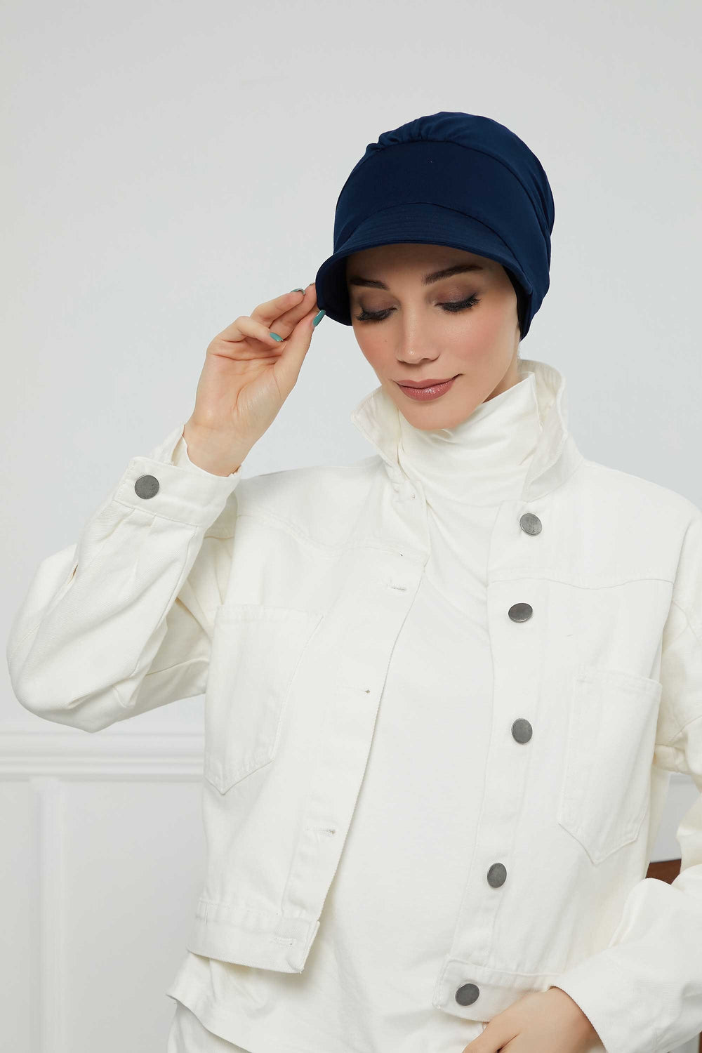 Cotton Visor Women Turban Hat, Sun Protective Newsboy Hat for Women, 95% Cotton Plain Casual Hijab Bonnet Chemo Cap,B-73 Navy Blue