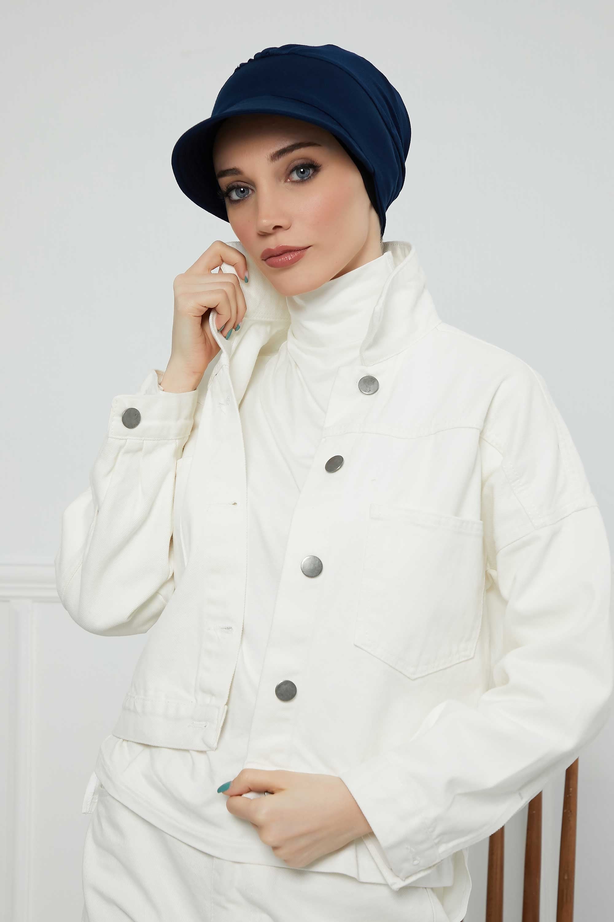 Cotton Visor Women Turban Hat, Sun Protective Newsboy Hat for Women, 95% Cotton Plain Casual Hijab Bonnet Chemo Cap,B-73 Navy Blue