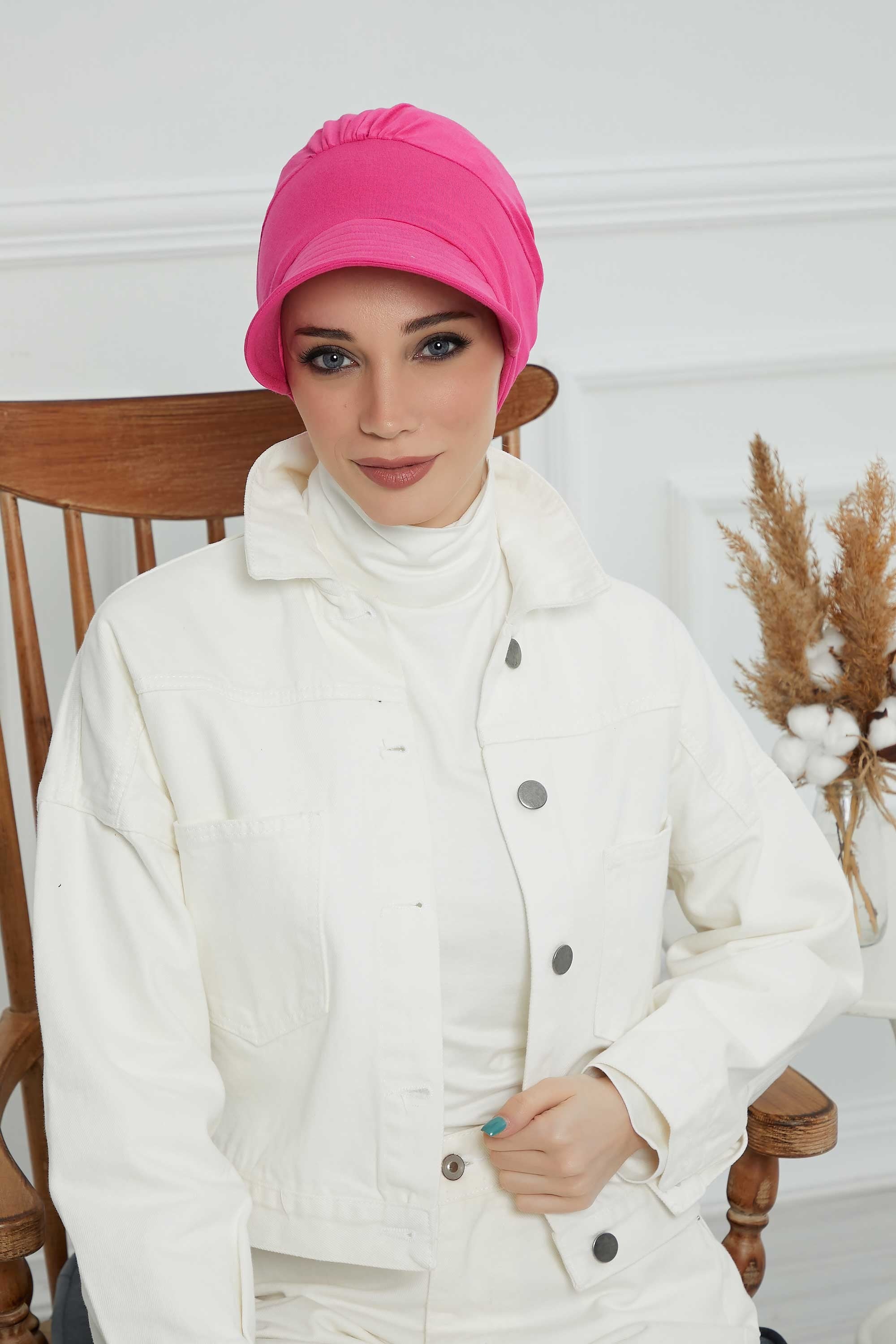 Cotton Visor Women Turban Hat, Sun Protective Newsboy Hat for Women, 95% Cotton Plain Casual Hijab Bonnet Chemo Cap,B-73 Fuchsia