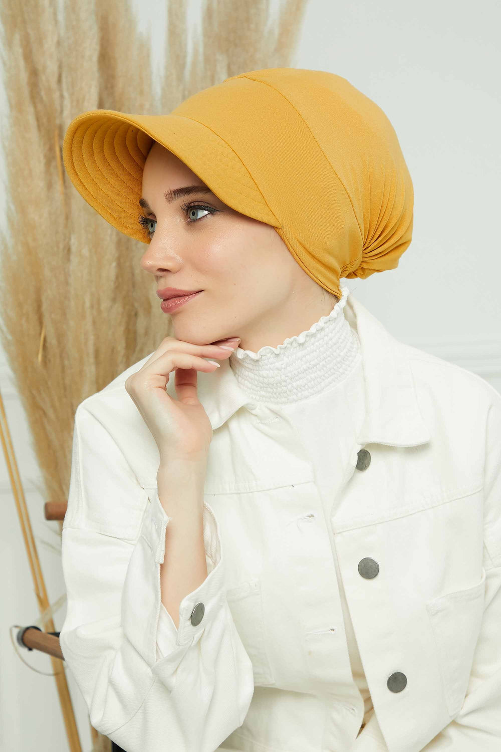 Cotton Visor Women Turban Hat, Sun Protective Newsboy Hat for Women, 95% Cotton Plain Casual Hijab Bonnet Chemo Cap,B-73 Mustard Yellow