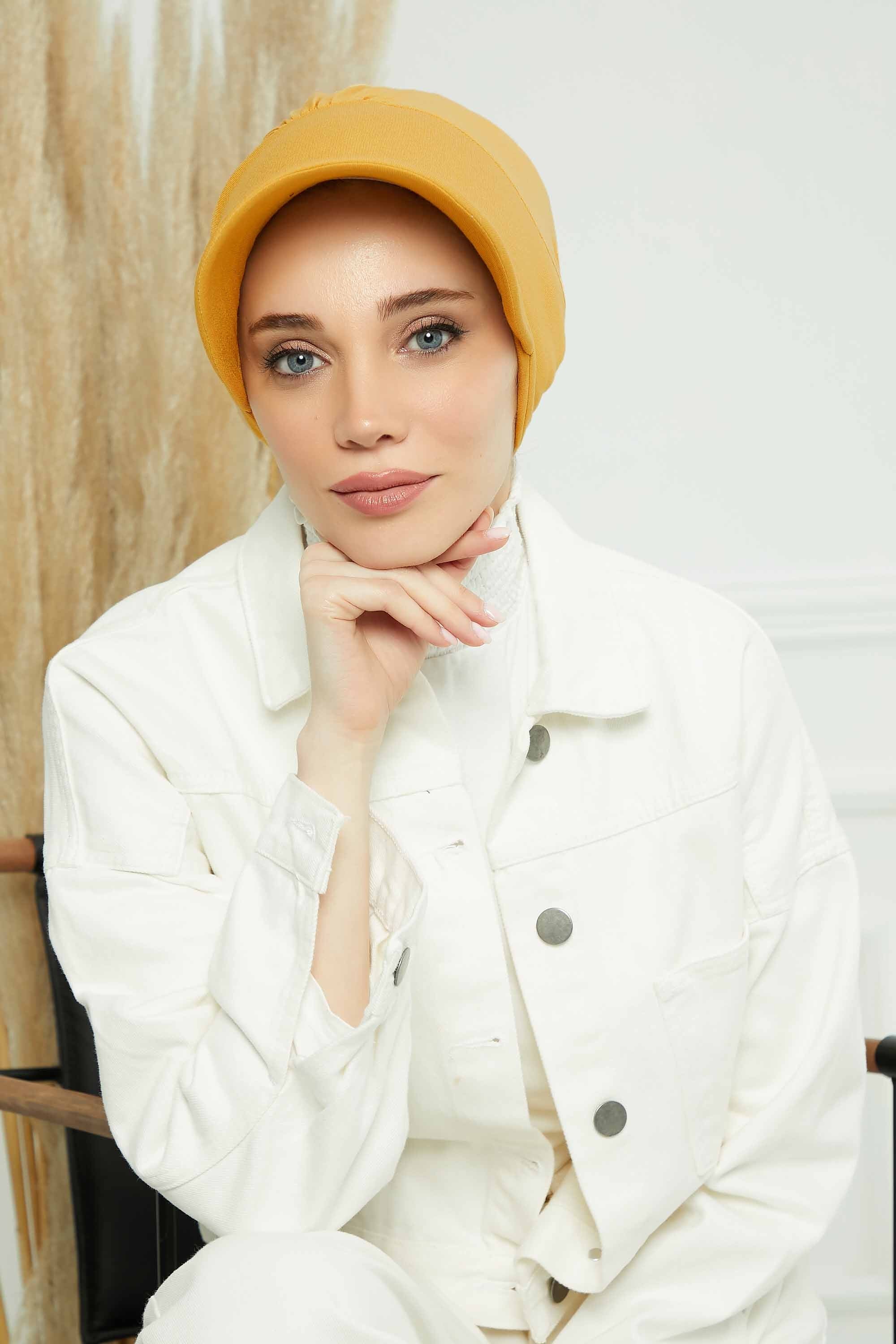 Cotton Visor Women Turban Hat, Sun Protective Newsboy Hat for Women, 95% Cotton Plain Casual Hijab Bonnet Chemo Cap,B-73 Mustard Yellow